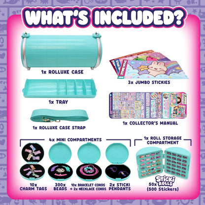 Zubehör-Übersicht: Rolluxe Case, Tablett, Case-Strap und Sticker-Rollen-Set, mintfarben