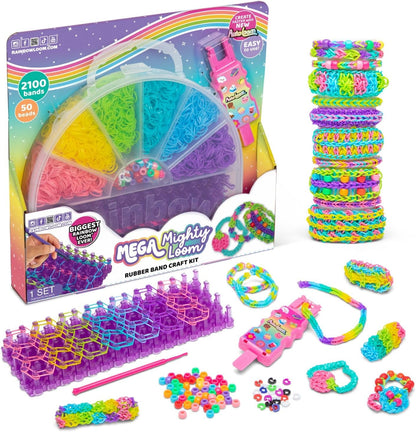 Rainbow loom mega kit with rainbow bands, bead tray, and two pink tools