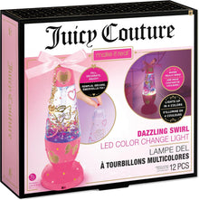 Juicy Couture Dazzling Swirl LED color-change light en caja rosa, lámpara tipo botella