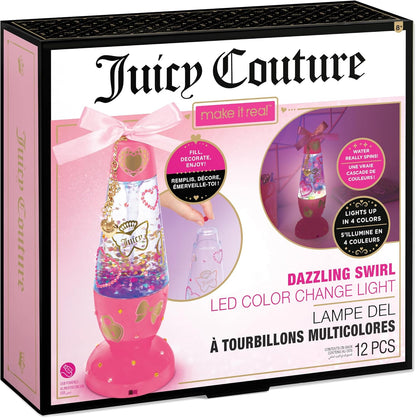 Juicy Couture Dazzling Swirl LED color-change light en caja rosa, lámpara tipo botella