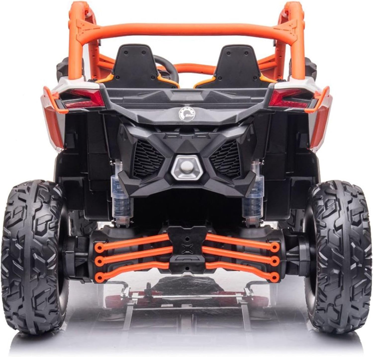 Orange and black off-road UTV toy, rear view with two seats and chunky rear tires