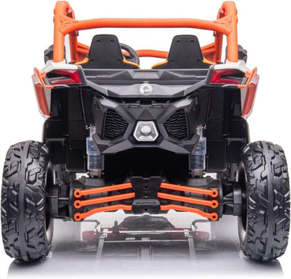 Orange and black off-road UTV toy, rear view with two seats and chunky rear tires