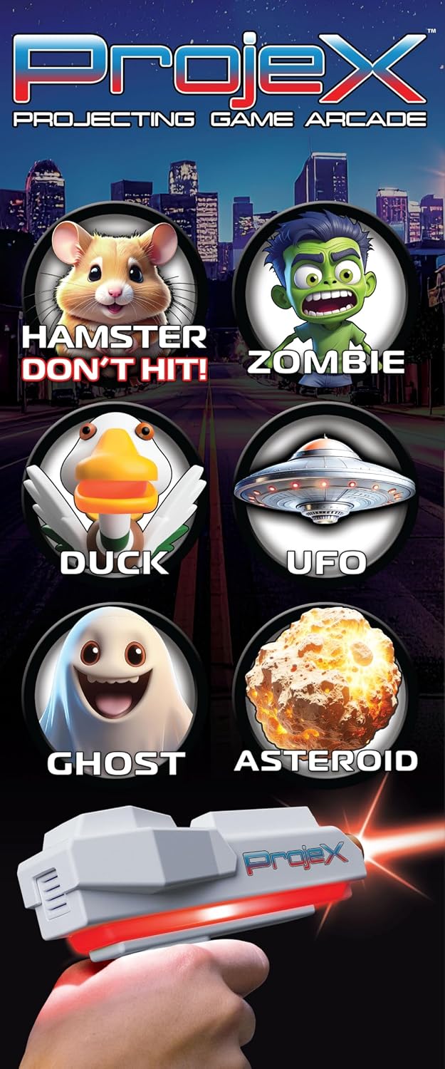 Laser battle game set artwork with target character icons and two toy projector guns