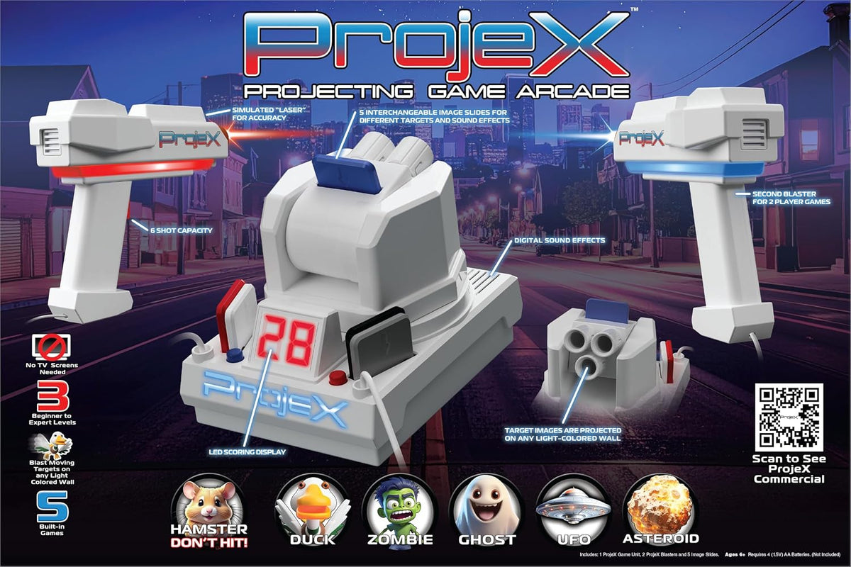 Laser battle game arcade set with two white projector blasters, central stand, and icons
