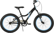 20-inch black bicycle with blue graphics, knobby tires, front suspension fork