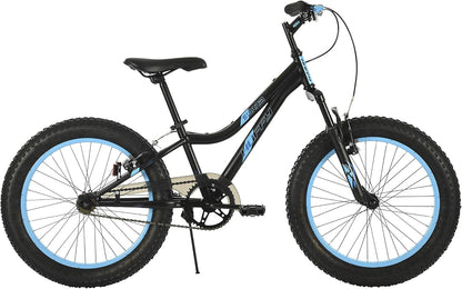 20-inch black bicycle with blue graphics, knobby tires, front suspension fork