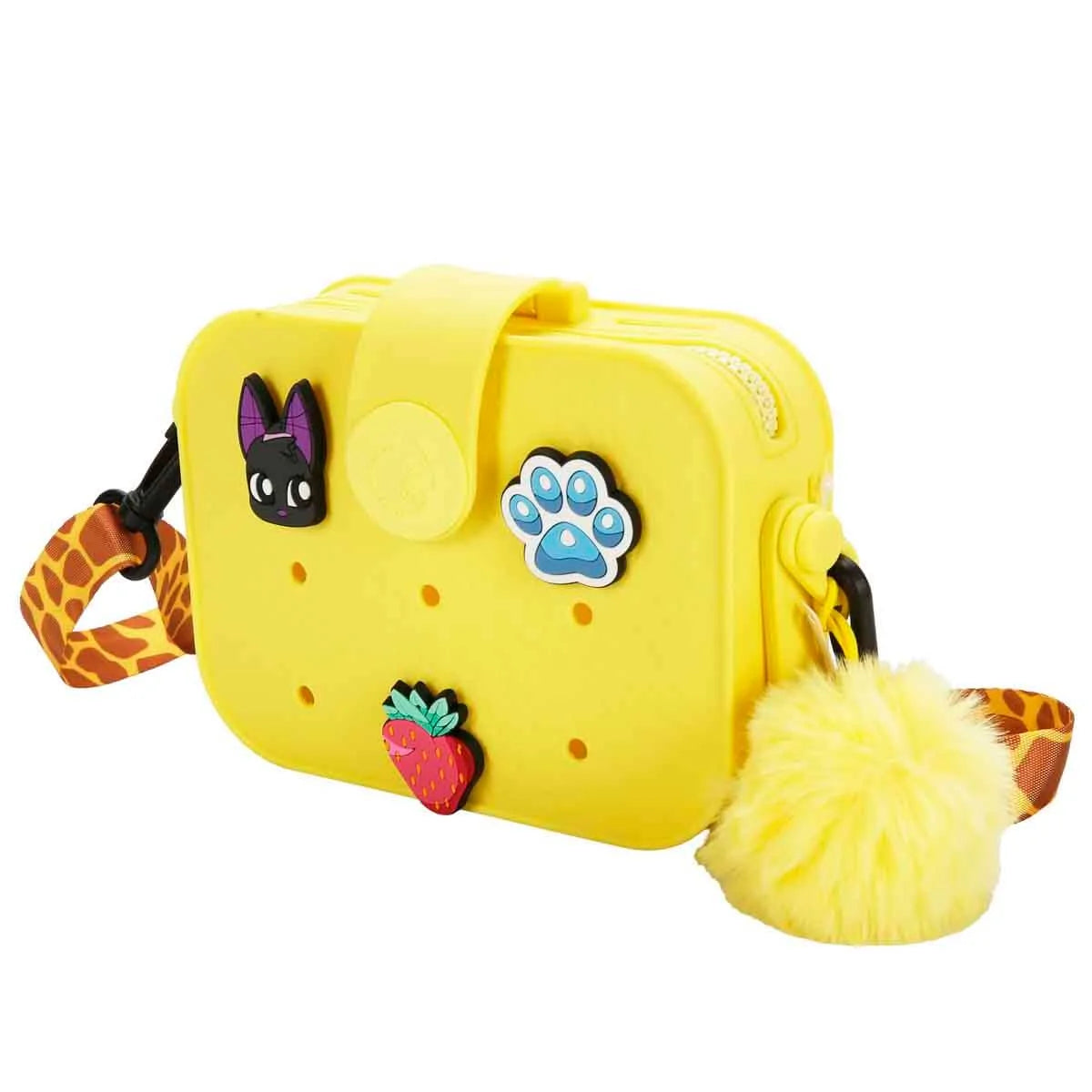 Yellow mini crossbody bag with front animal patches, zipper, and giraffe strap + pom-pom