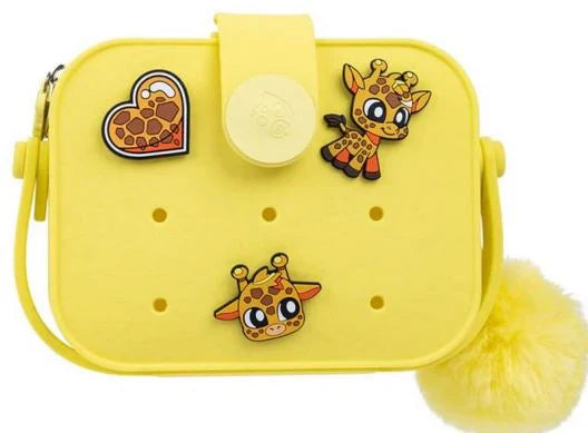Yellow mini crossbody bag with zipper, cute animal patches, plush pom-pom keychain