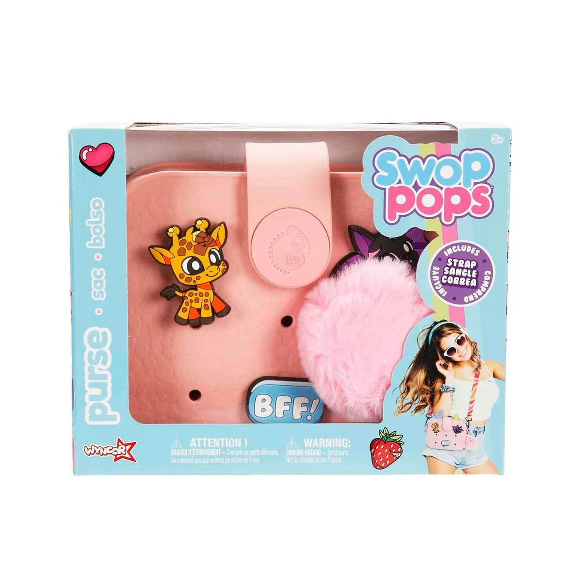 Pink minipop bag toy shown in retail box packaging with Swop Pops branding