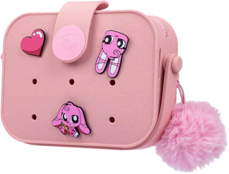 Pink crossbody bag with cute character patches and pink heart emblem, plus fuzzy charm