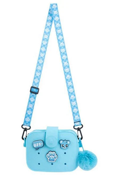 Minipop Blue Bag mit verstellbarem Schultergurt, türkisfarbene Tasche und Plüschpompon