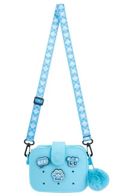 Light blue crossbody bag with BFF paw charm, cartoon bear face, pom-pom keychain