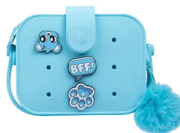 Light blue mini crossbody bag with animal patches, “BFF!” badge, and fuzzy pom-pom
