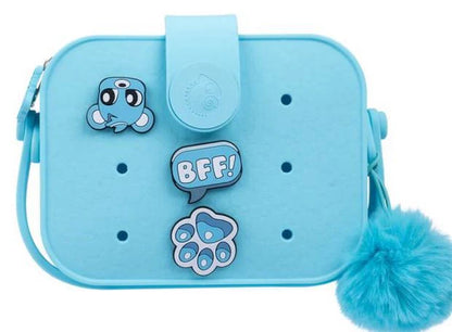 Minipop Blue Bag, türkis Umhängetasche mit Plüschpompon und Bff/Octo-Badge