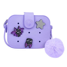 Minipop purple crossbody bag with dragon and bat character patches, star badge, pom-pom