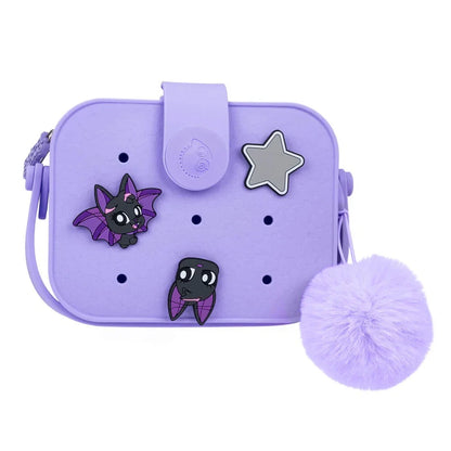 Minipop purple crossbody bag with dragon and bat character patches, star badge, pom-pom