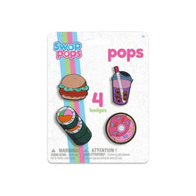 Swop Pops character badge set with burger, drink, and donut icons (4 badges)