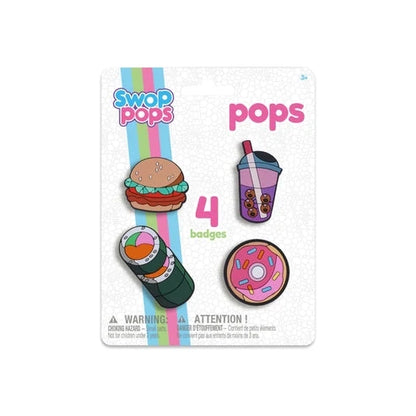 Swop Pops character badge set with burger, drink, and donut icons (4 badges)