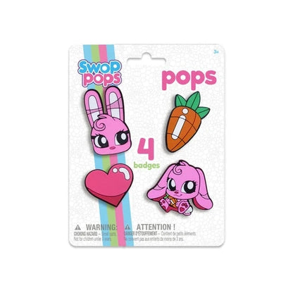 Swop Pops character badge set with bunny, heart, and carrot icons (4 badges)