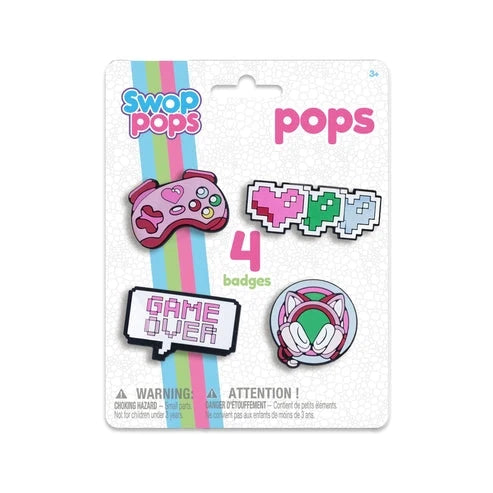 Swop Pops character badge set with game over, controller, and cat face icons (4)