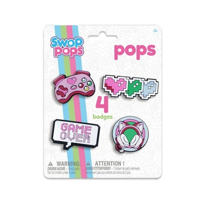 Swop Pops character badge set with game over, controller, and cat face icons (4)