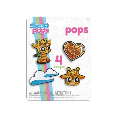 Swop Pops character badge set with deer, pizza heart, and cloud icons (4 badges)