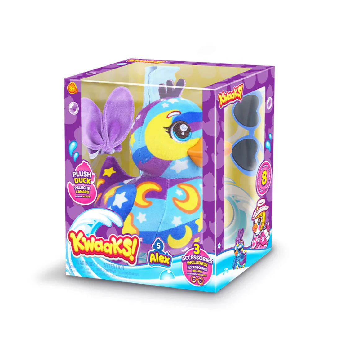 Plush duck 15 cm in set box, blue-yellow plush with purple ear accessory