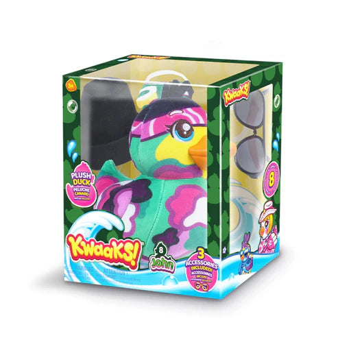 Plush duck 15 cm in set box, teal plush with pink hat and camouflage pattern