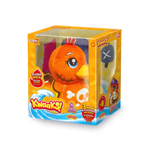 Orange plush duck toy with big eyes, presented in a retail box packaging