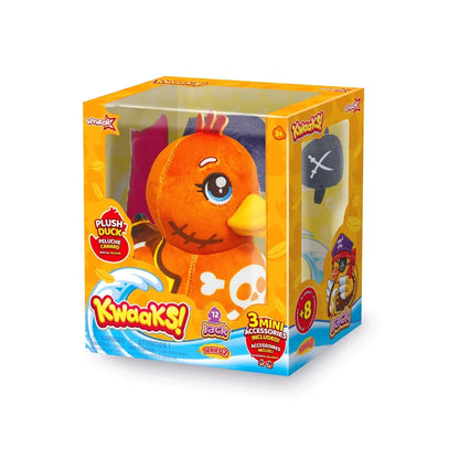 Orange plush duck toy with big eyes, presented in a retail box packaging