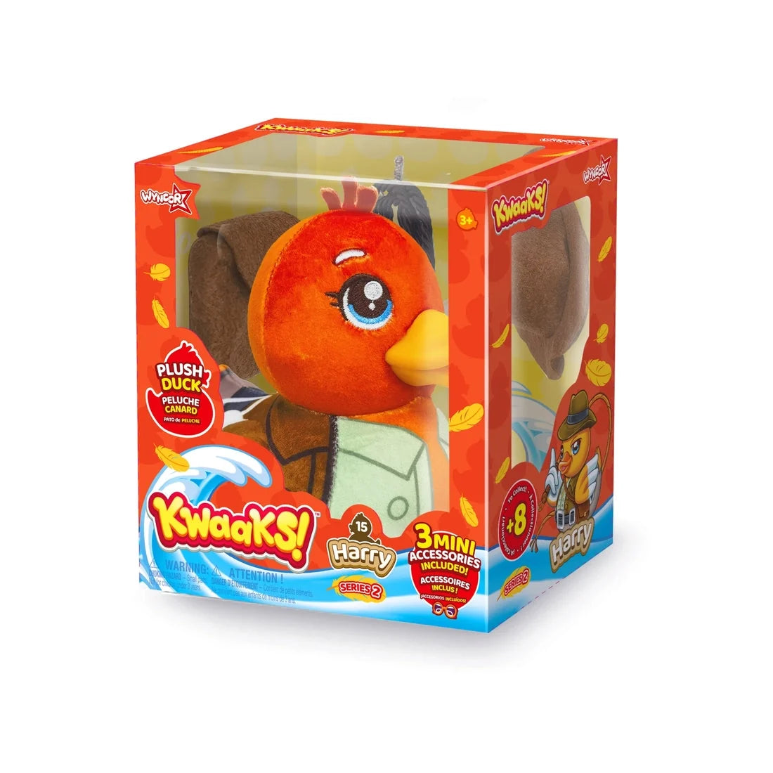 Brown-and-orange plush duck toy with blue shirt and big eyes, in retail box