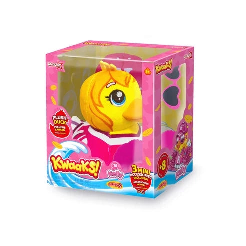 Yellow plush duck toy with big eyes and pink cap, in retail box