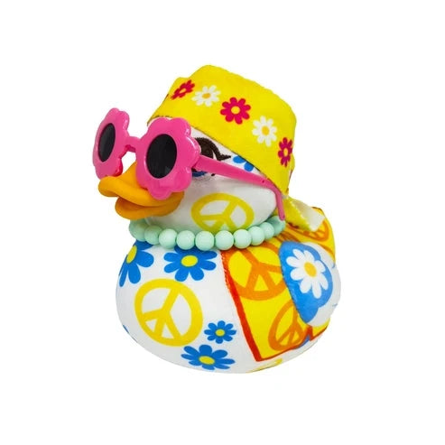 Yellow plush duck with pink sunglasses and patterned body, soft fabric toy