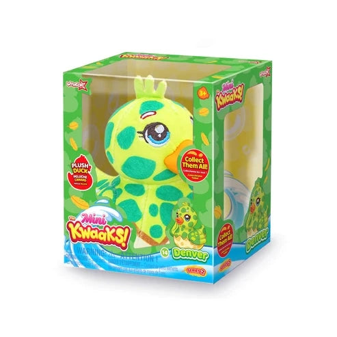 Green mini plush duck toy in clear window retail box