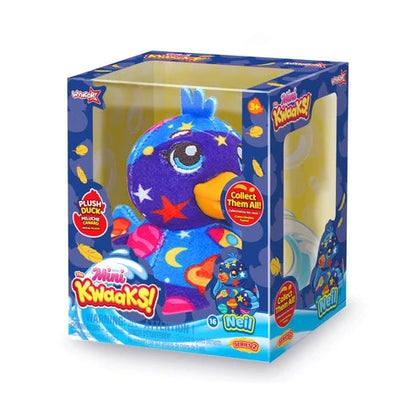 Purple and blue mini plush duck toy with star pattern in retail box