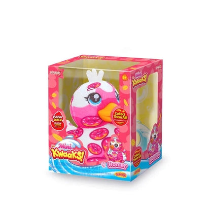 Pink mini plush duck toy with white ears in retail box