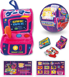 Retro game-themed plush surprise toy pouch with screen and coin slot, plus surprise ball