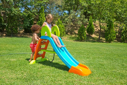 Outdoor water slide with blue chute, orange end, green steps on frame