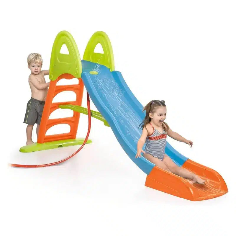 Feber water slide: blue ramp, orange base, green ladder with water jets