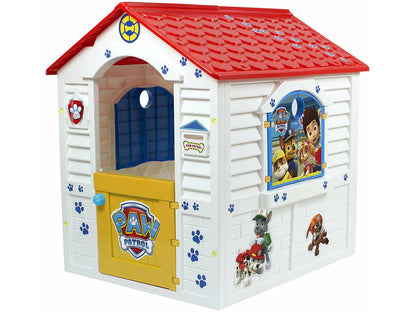 Paw Patrol playhouse toy with red roof, blue window, paw-print details