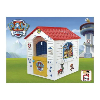 Paw Patrol playhouse with red roof, yellow door, side figures and paw prints