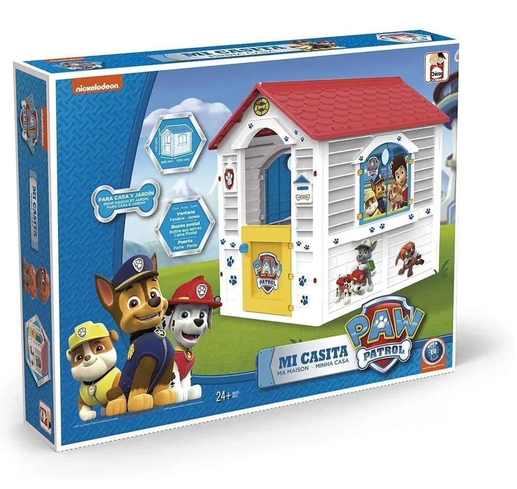 Paw Patrol Playhouse retail box with red-roof house artwork and character figures