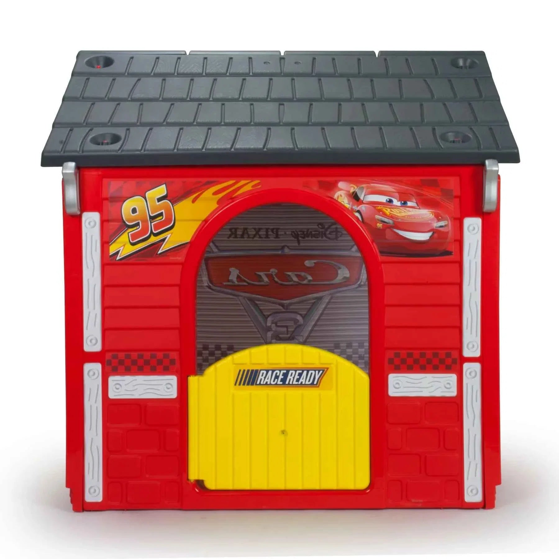 Kids red playhouse with arched door and yellow mat
