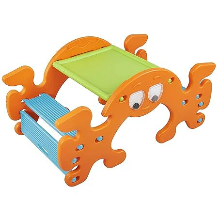 Kids play toy ride-on with lime green seat, blue straps, and orange molded base