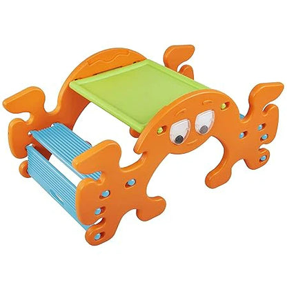 Kids play toy ride-on with lime green seat, blue straps, and orange molded base