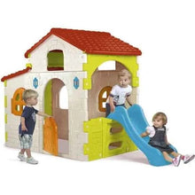 Colorful plastic playhouse with red roof and blue slide, yellow accents