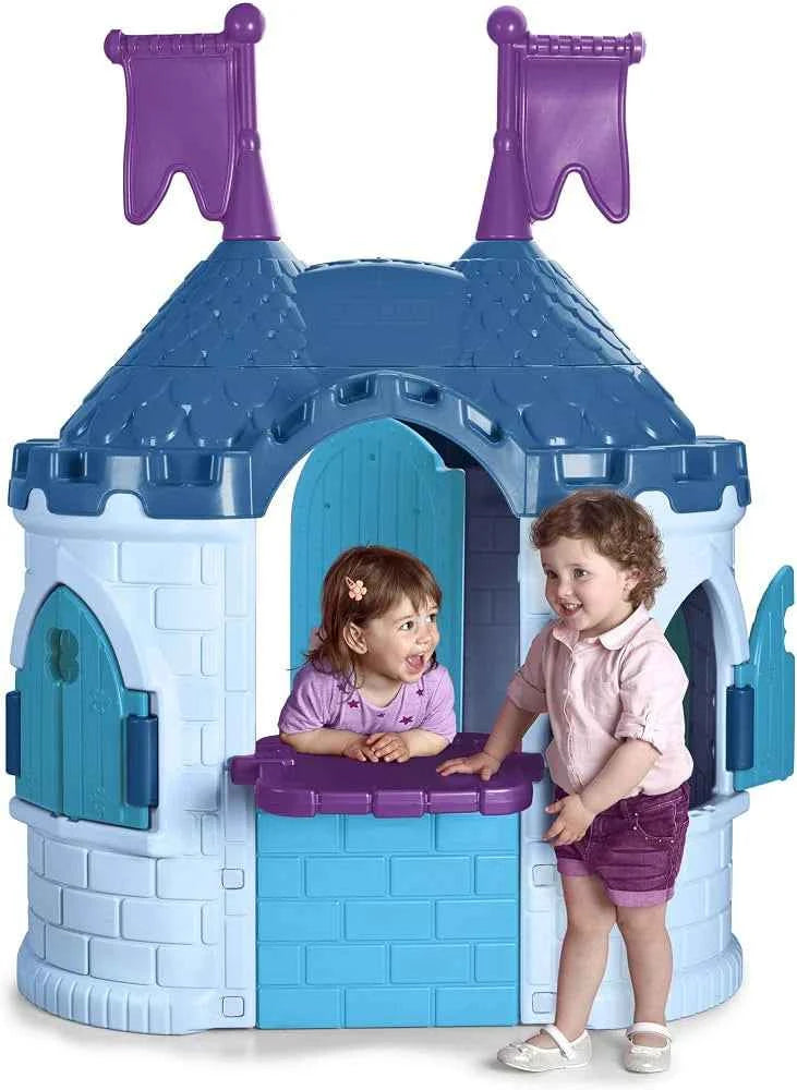 Blue castle playhouse with purple curtains and two arched side doors