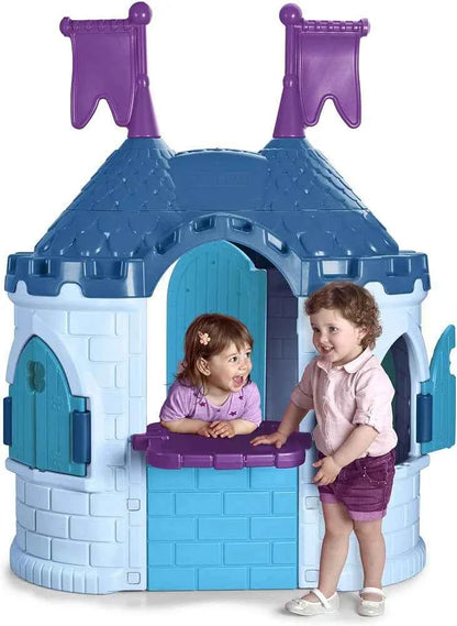 Blue castle playhouse with purple curtains and two arched side doors