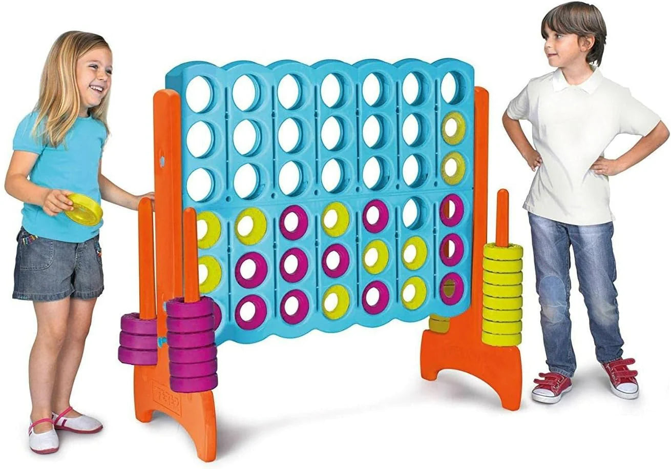Mega 4 game with blue grid, orange frame, and stacked purple and yellow discs