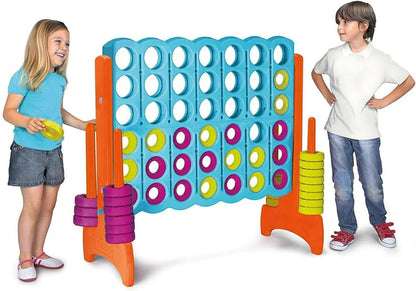 Mega 4 game with blue grid, orange frame, and stacked purple and yellow discs